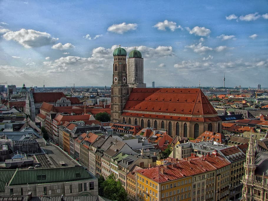 two, minarets, houses, clear, sky, munich, germany, city, cities, urban