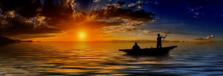 silhouette, two, person, riding, boat, golden, hour, sunset, fischer, fishing boat
