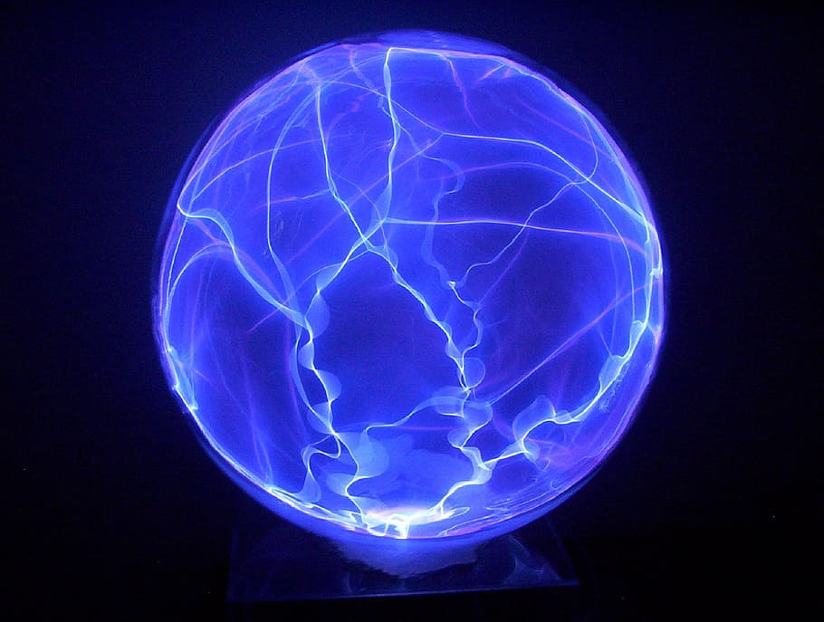 bajo, foto de exposición, azul, bola de plasma, plasma, globo, vidrio, ciencia, resplandor, luz