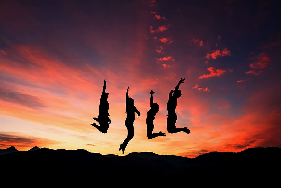 silhoutte photo, four, people, jumping, golden, hour, sunset, outdoors, silhouette, sky