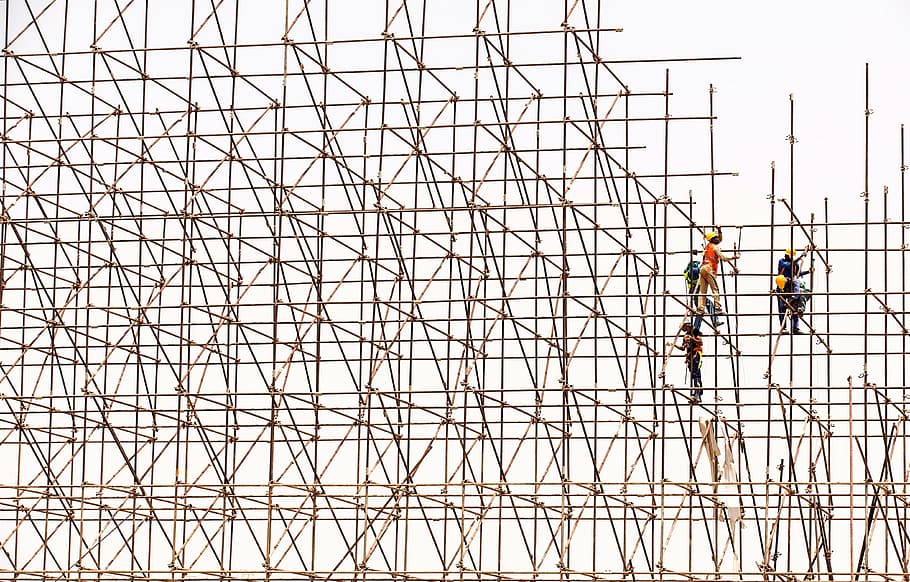 several, men, bamboo scaffolding, scaffolding, workers, construction, site, scaffold, structure, construction site