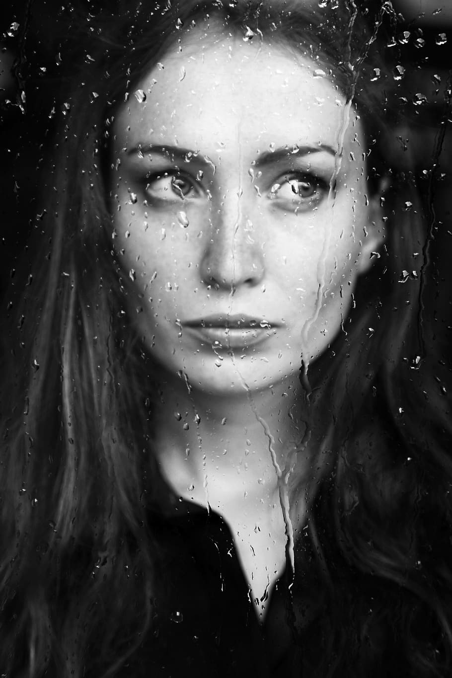 woman, behind, window, pane, rainy, rain, person, melancholic, unhappy, sad