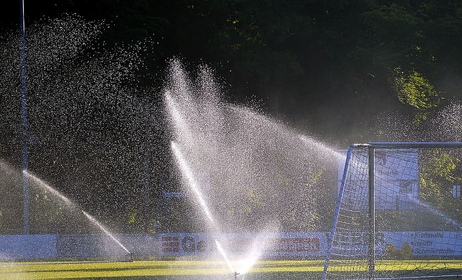 football pitch, sprinkler system, irrigation, rush, water, drausen, hose connection, inject, hose, drop of water