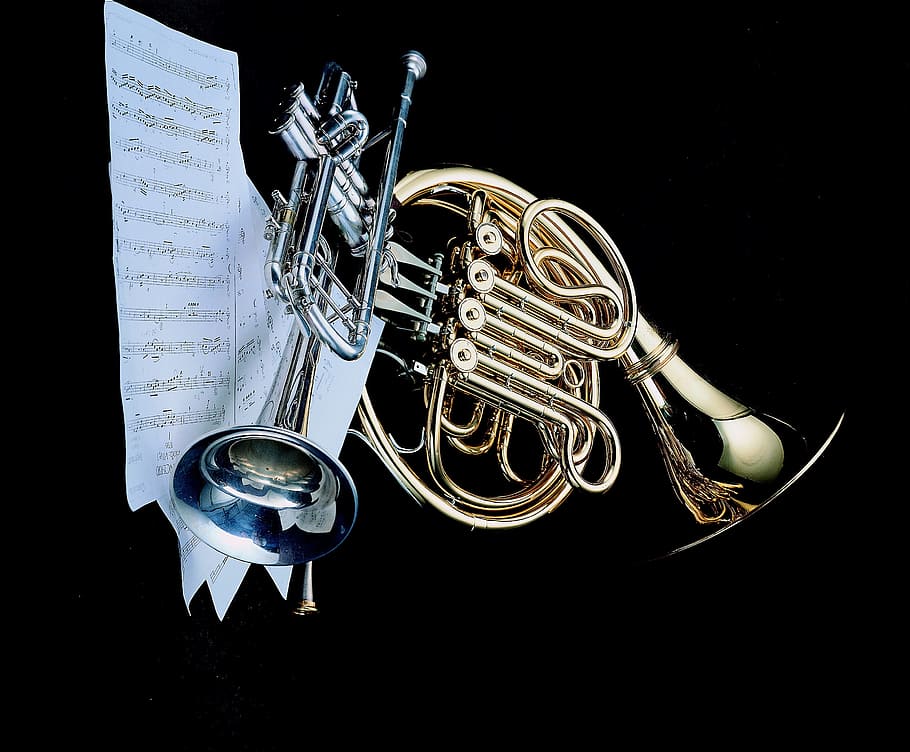 gray trumpet, small speakers, french hao, music sheet music, music, musical instrument, black background, arts culture and entertainment, indoors, metal