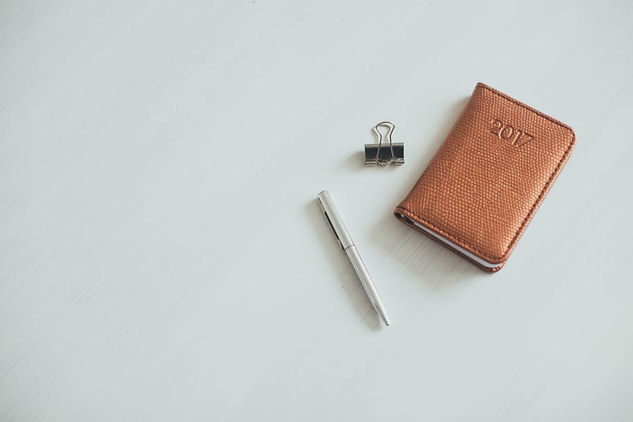 2017, brown, planner, clip, pen, white, panel, notebook, notes, diary