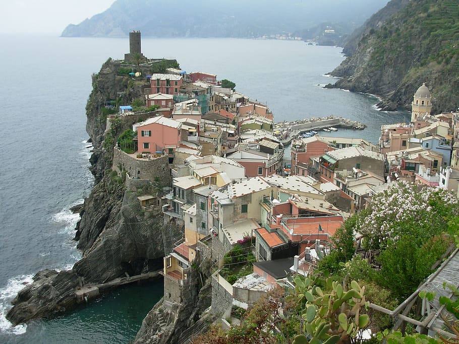 houses near fort, city, rock, sea, italy, cinque terre, water, architecture, building exterior, built structure