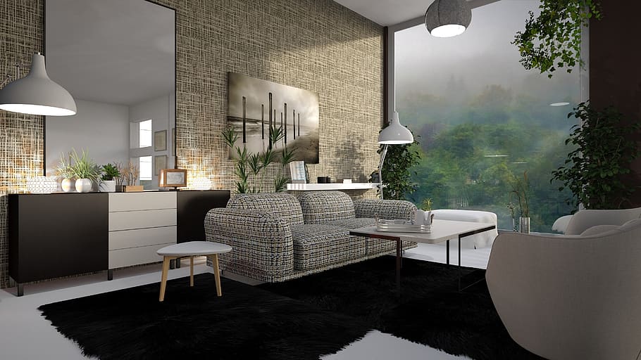 interior, dipan, meja tulis, kursi, putih, kabut, jendela, besar, sofa, rumah
