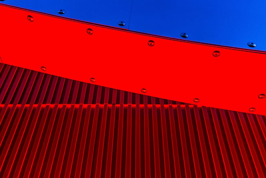 red metal roof, red, blue, metal, architecture, building, backgrounds, full frame, pattern, industry