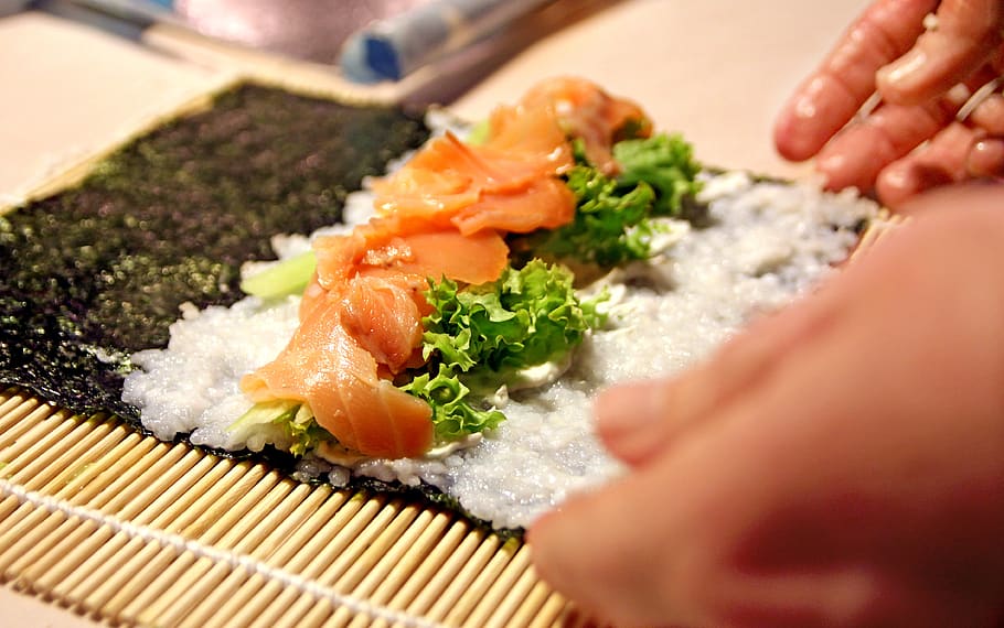 sushi, kitchen, algae, rice, salmon, bamboo mat, japan, food, word wrap, poppies