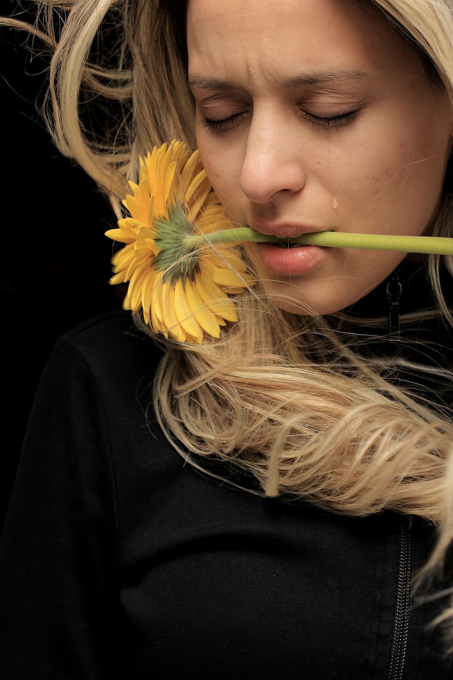 woman, wearing, black, zip-up, top, biting, yellow, sunflower, flower, model