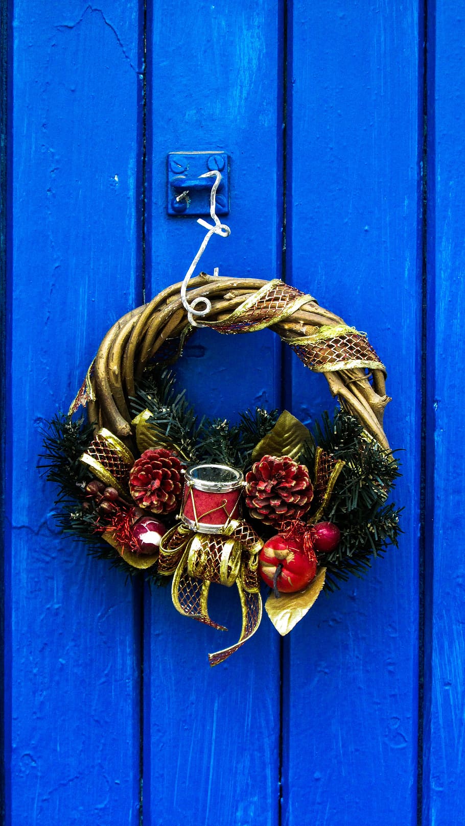 puerta, navidad, temporada, fiesta, decoración, diciembre, tradicional, azul, rústico, pueblo