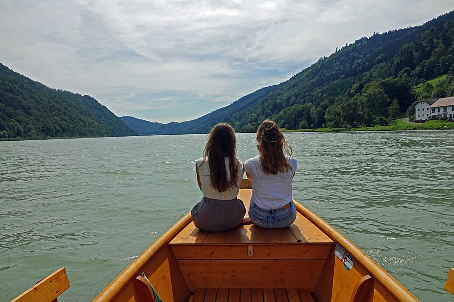 river, danube, boat, wooden boat, girls, landscape, hills, girl, austria, water