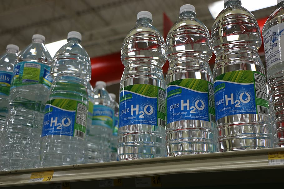 selektif, foto fokus, H2O, botol, display air, putih, permukaan, air, plastik, botol plastik