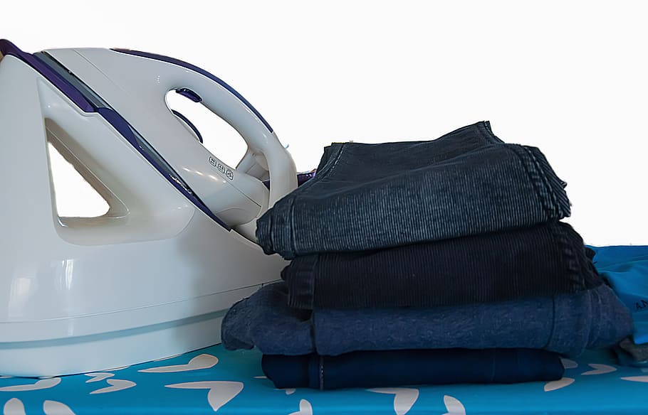 clothing, equipment, background, iron, ironing board, ironing station, white, blue, jeans, pants