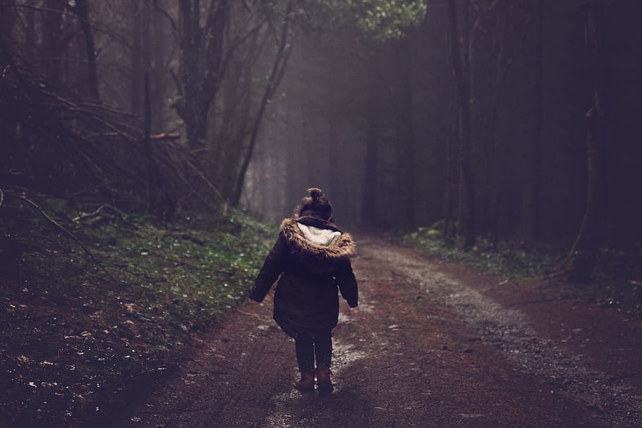 girl, wearing, black, parka coat, forest, road, little girl, childhood, walking, autumn
