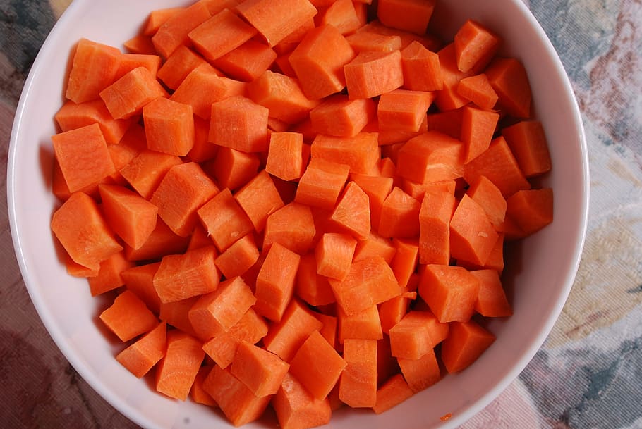sliced, carrots, white, ceramic, bowl, carrot, diced, diced carrots, vegetables, health