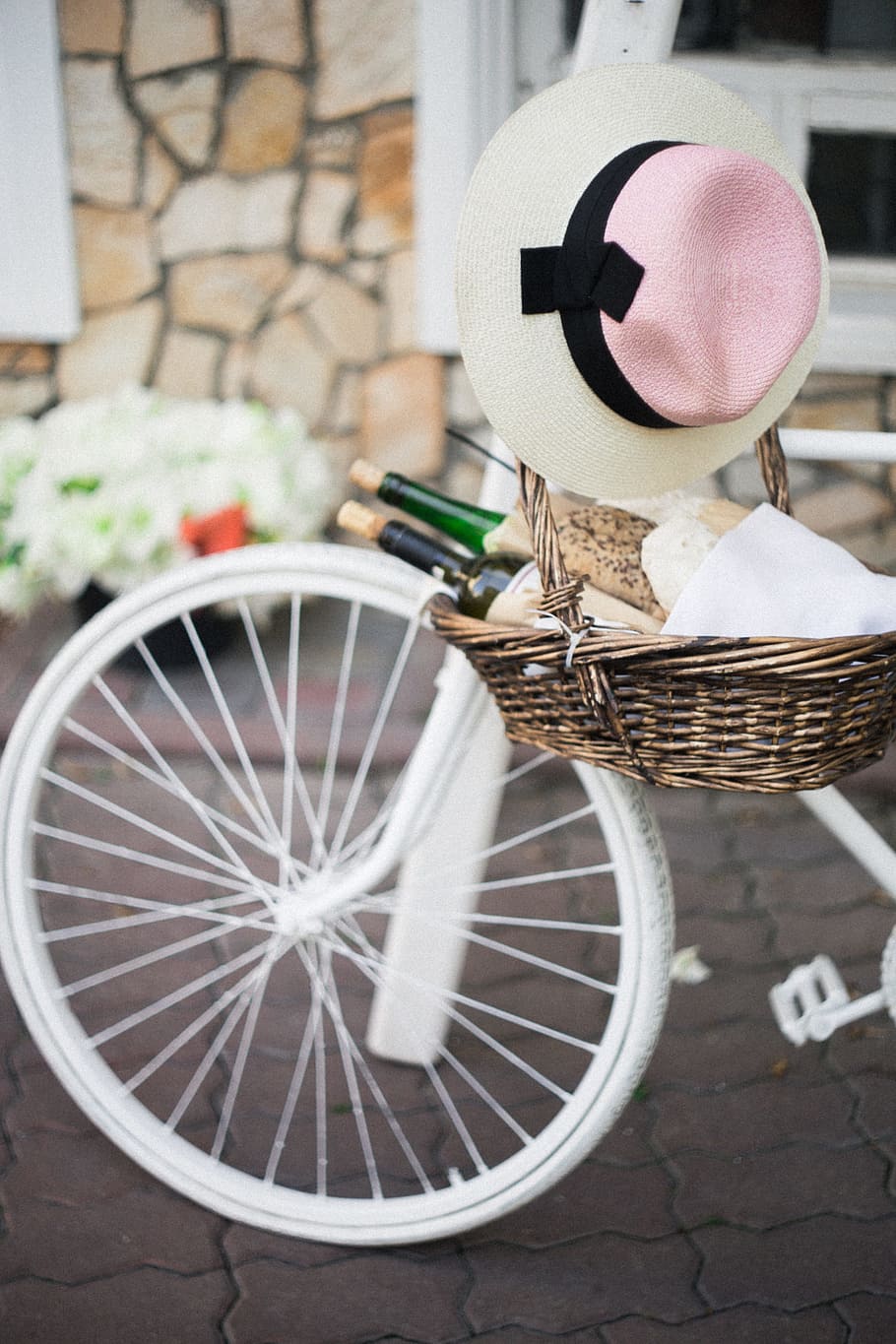 brown, woven, basket, white, commuter bike, bicycle, wine, picnic, travel, romantic