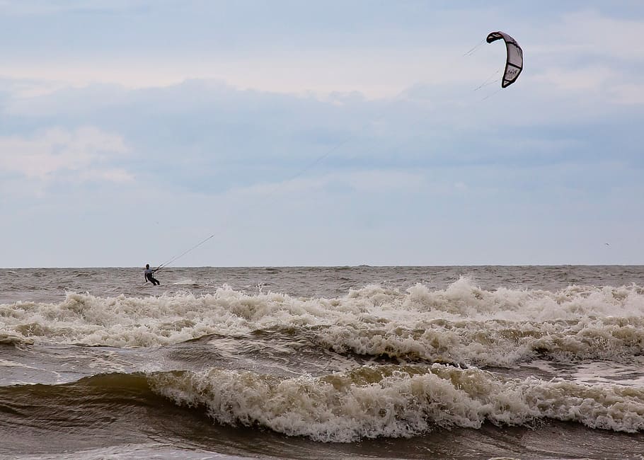 Kitesurfista, kitesurf, dragones, deporte, mar, mar del norte, puesta de sol, agua, cielo, deportes acuáticos