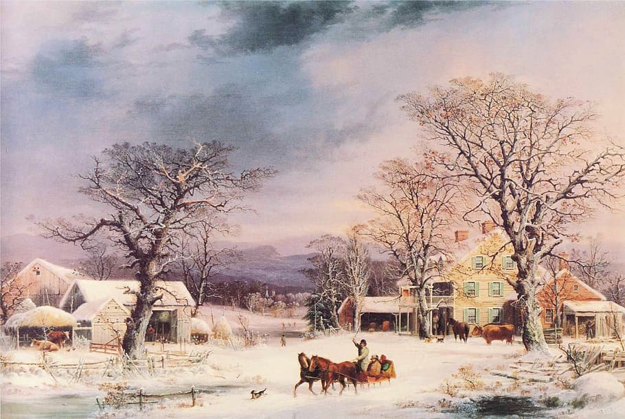 homem, montando, trenó, neve, coberto, pintura de campo, george durrie, pintura, óleo sobre tela, arte