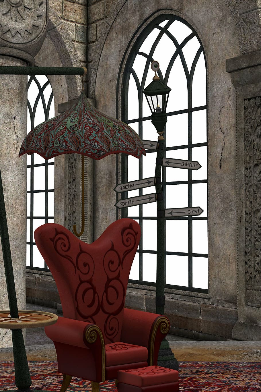 red, floral, chair, digital, wallpaper, room, window, surreal, umbrella, parasol