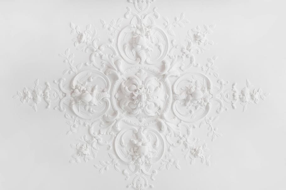 white floral decor, ceiling, stucco, mouldings, decoration, ancient, architecture, interior, template, blank