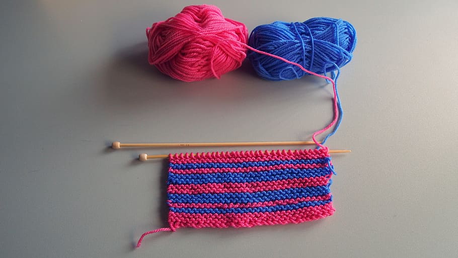 red, blue, yarns, knitting, wood, knitting needles, stripes, purple, pink, hobby