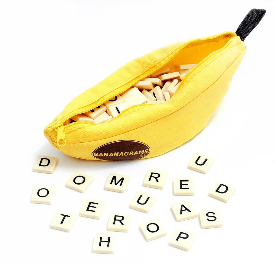 baldosas de Scrabble, dentro, bolsa de plátano, Scrabble, Bananagrams, Jugar, Juguetes, letras, palabras, pensar