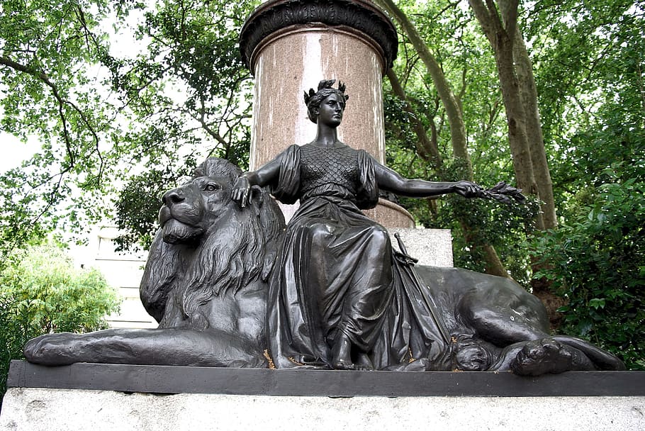 woman, lion statue, statue, bronze, waterloo place, london, britannia, lion, sculpture, tree