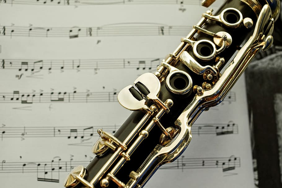 closeup, wind instrument, clarinet, musical instrument, woodwind, keys, shiny, teacher gradebook, music, trumpet