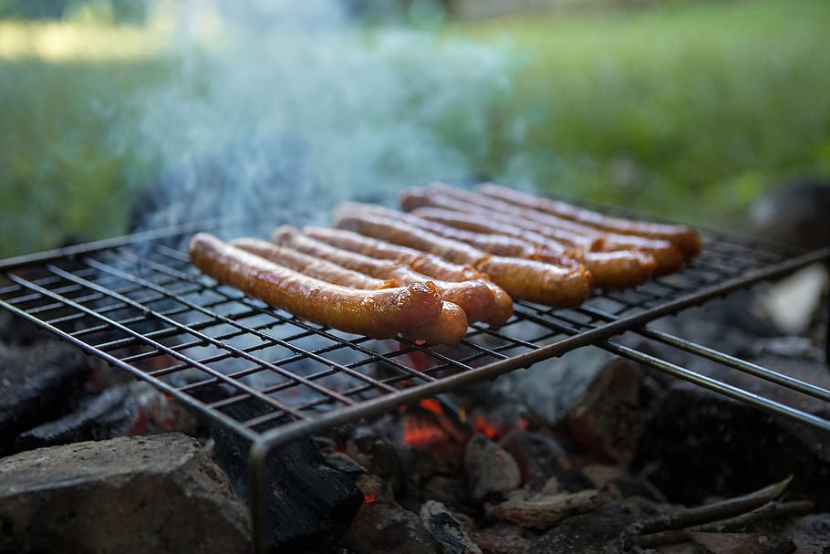 sausages, grill, lunch, coal, fork, smoke, fresh, fire, nature, food