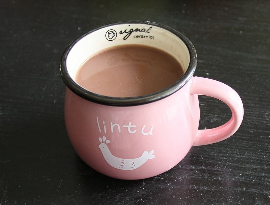 coffee, cocoa, hot chocolate, mug, cup, pink, girls heart, text, drink, food and drink