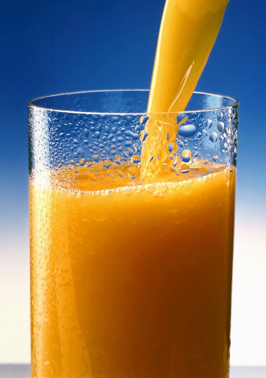 clear, drinking glass, yellow, liquid, inside, orange juice, juice, vitamins, drink, frisch