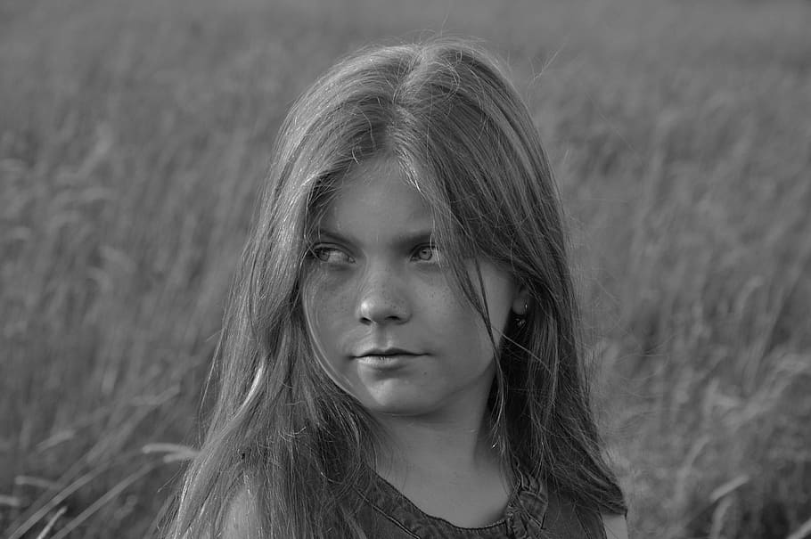 Portrait, Child, the little girl, black and white, children only, childhood, one girl only, headshot, girls, long hair
