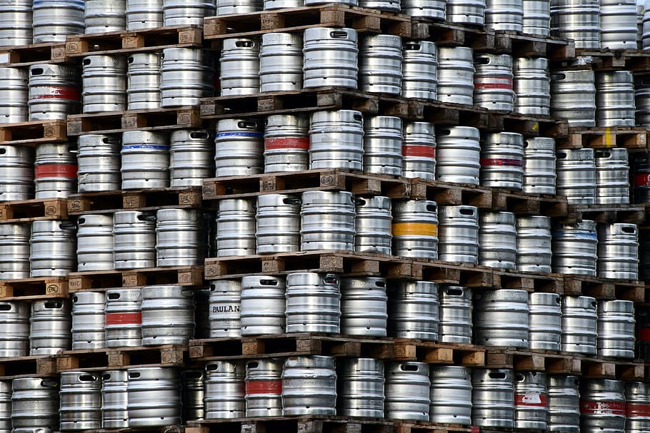 beer, beer barrels, metal, small beer kegs, food, drink, stock, range, stacked up, beer stock