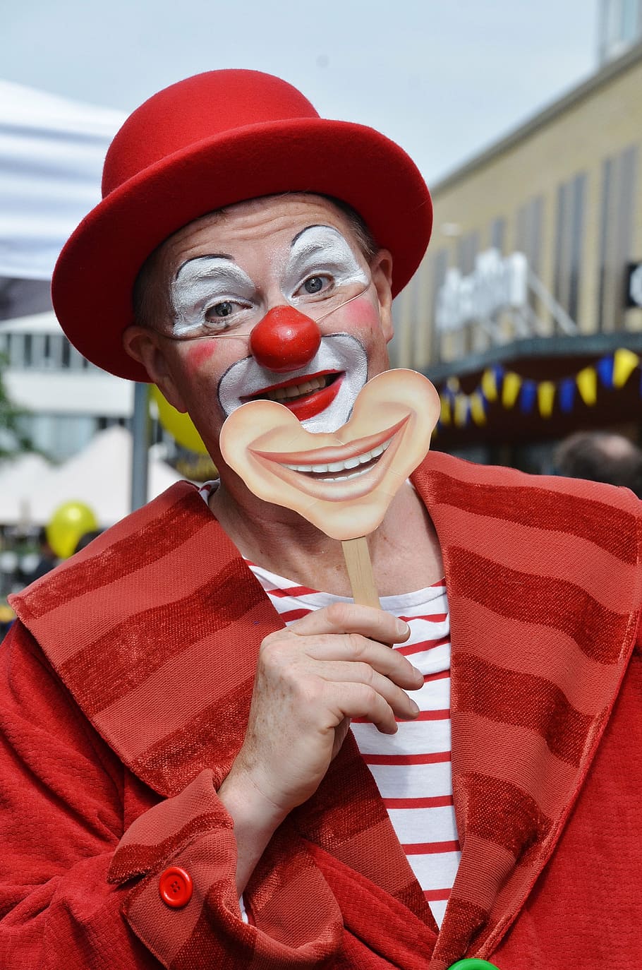 person, wearing, clown costume, clown, comedian, nose, circus, funny, laugh, make-up