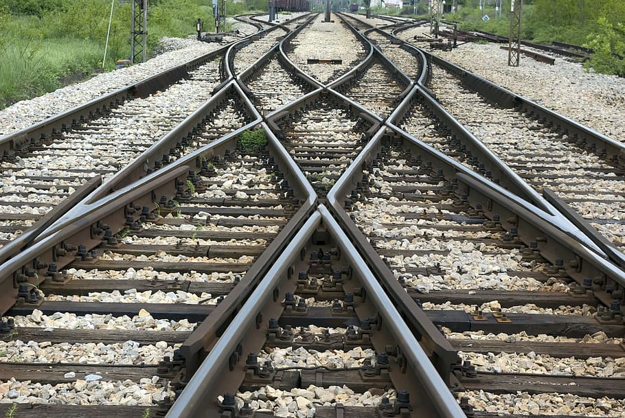 hitam, abu-abu, rel kereta api, Railroad, Crossroads, Track, jalur kereta api, transportasi, transportasi kereta api, logam