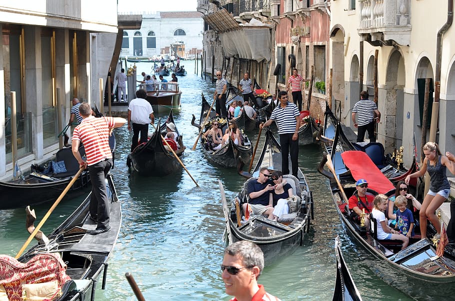 gondola, pendayung gondola, Venesia, lalu lintas, sekelompok orang, orang sungguhan, sekelompok besar orang, orang banyak, air, laki-laki