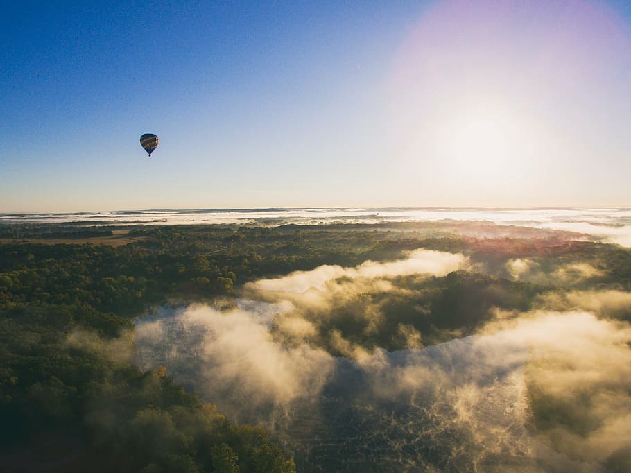 hot, air balloon, flying, green, trees, daytime, aerial, air, balloon, clouds