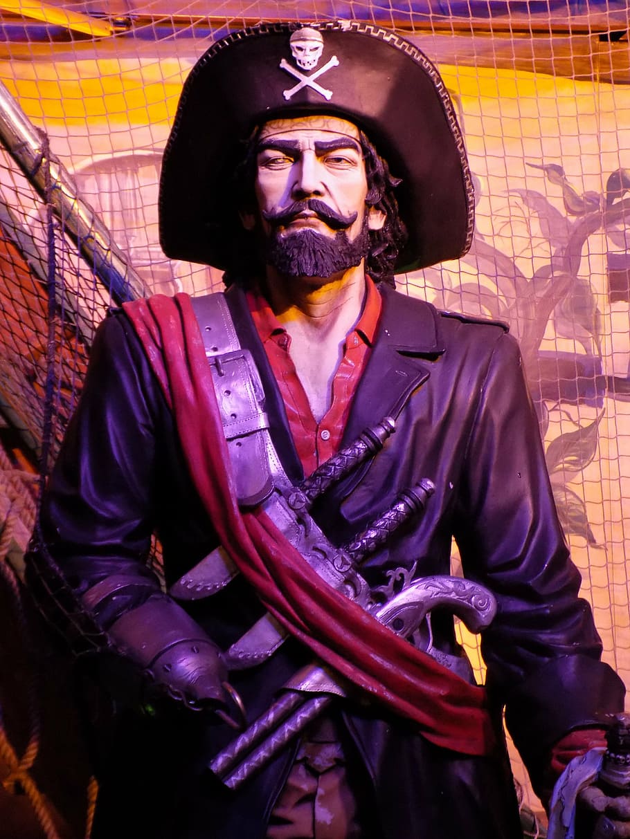 laki-laki, karakter, hitam, ilustrasi jaket kulit, bajak laut, patung, corsair, kapten, pakaian, satu orang