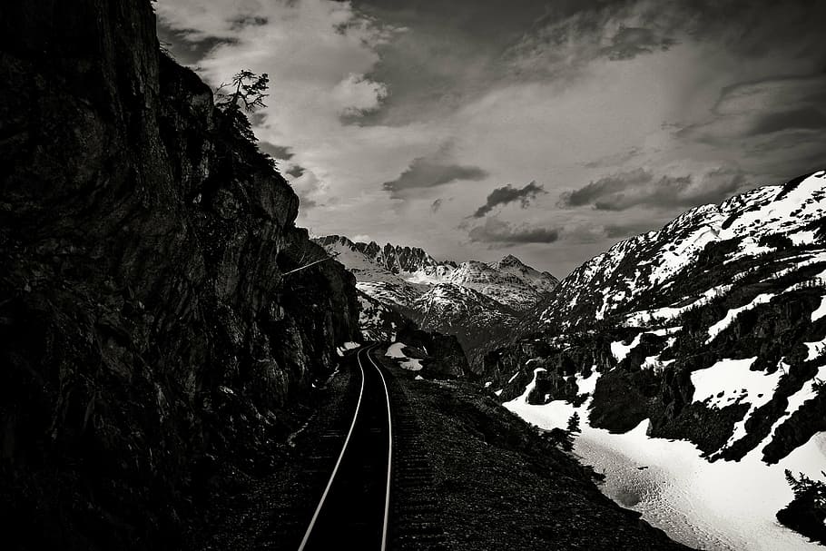 kereta api rel, sisi, gunung, skala abu-abu, fotografi, rel, jalan, tengah, tinggi, es