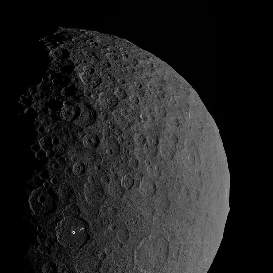 half-view photo, moon, ceres asteroid, space, crater, occator, ahuna mons, mountain, planet, cosmos