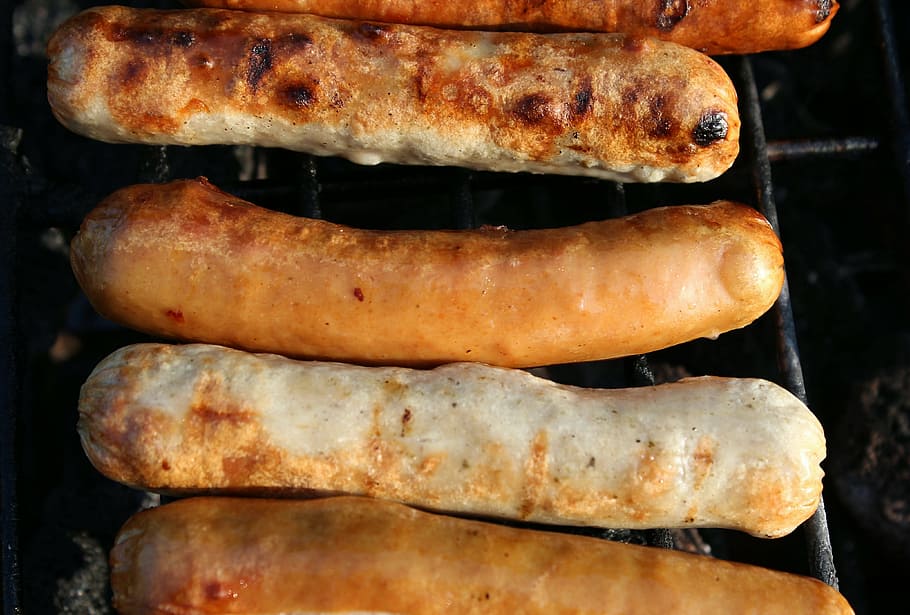 sausage, fry, bratwurst, barbecue, sizzle, grill sausage, food, snack, eat, food and drink