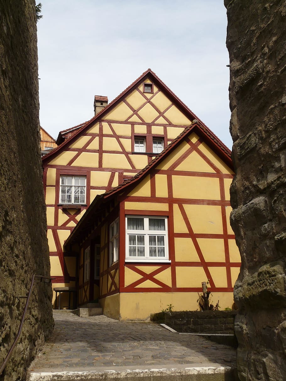 Braguero, Old Town, fachwerkhäuser, edificio, fachada, ciudad, arquitectura, Meersburg, Lake Constance, amarillo