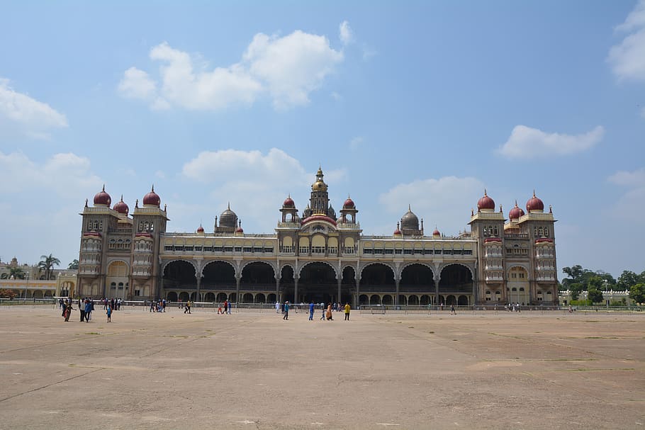 mysore, palace, india, architecture, travel, indo-saracenic, built structure, building exterior, sky, cloud - sky