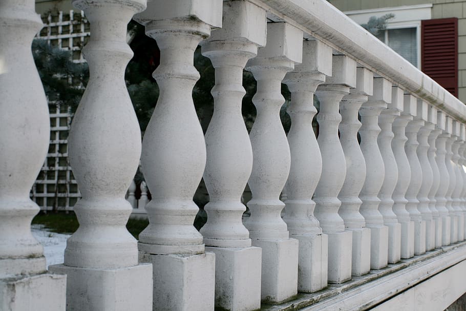railings, porch, spindles, white, wood, architecture, deck, white color, balustrade, in a row