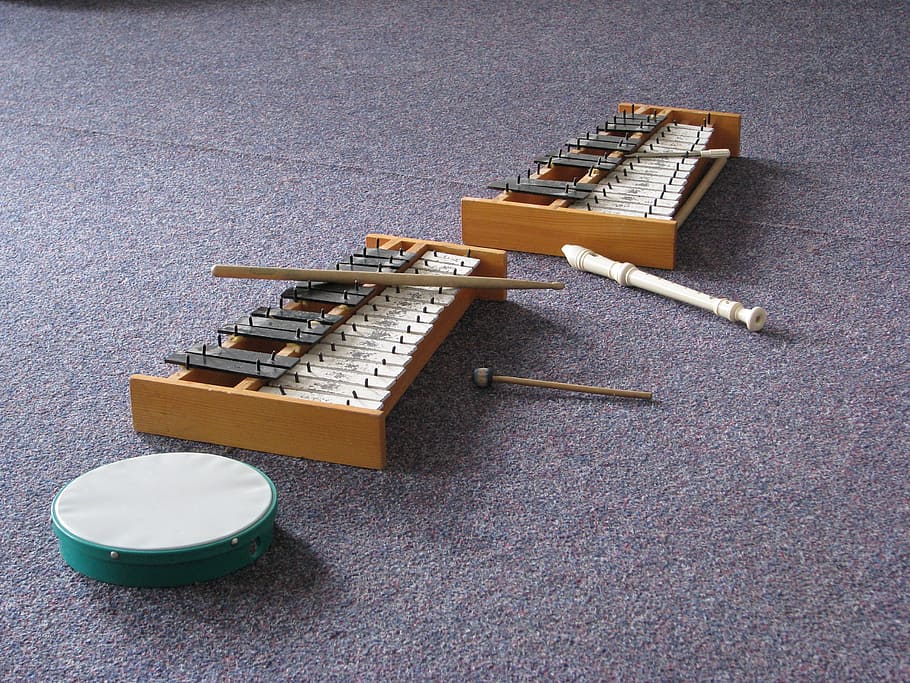 two, brown, gray, xylophones, carpet, flute, xylophone, drumsticks, tambourine, drum