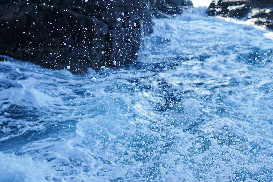 close-up photography, moving, water, sea, ocean, waves, nature, splash, rock, blue