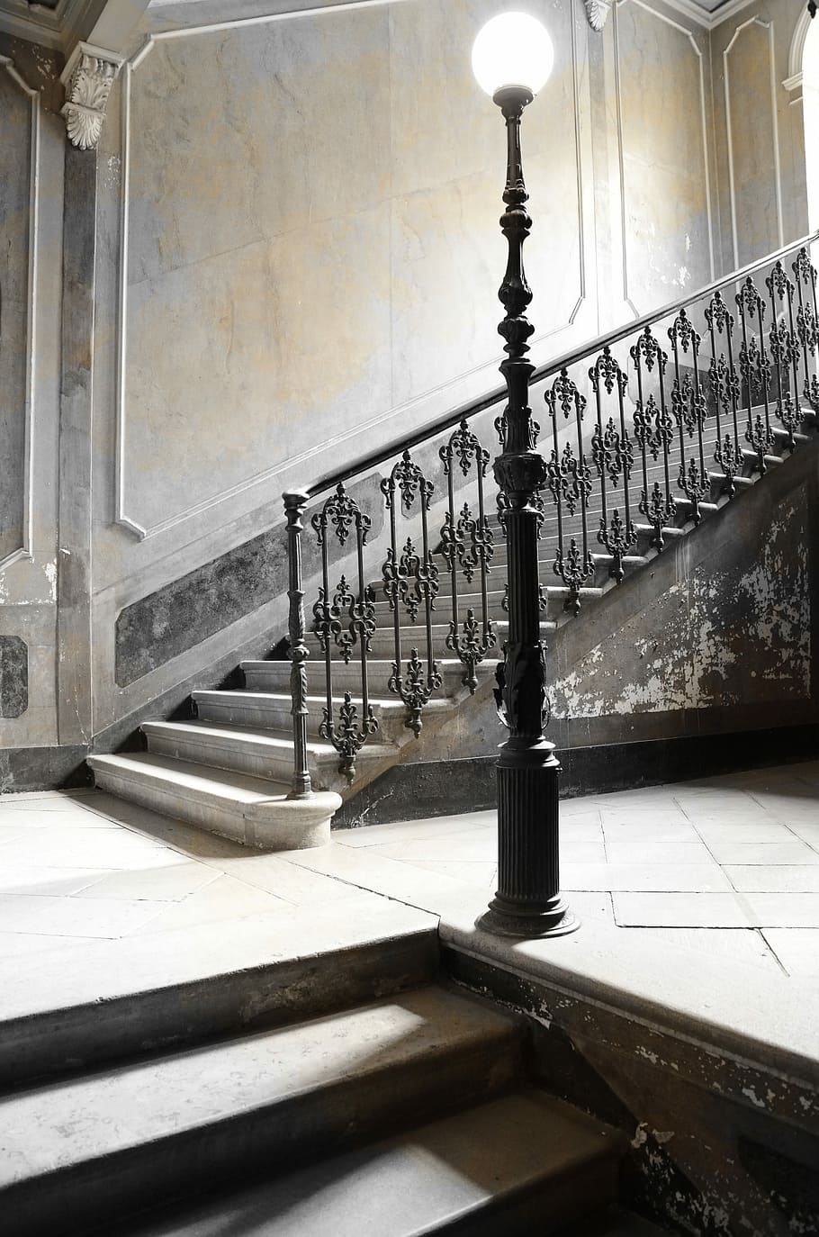 Lamppost, Stairs, Door, House, Lamp, railing, staircase, architecture, marble, architectural column