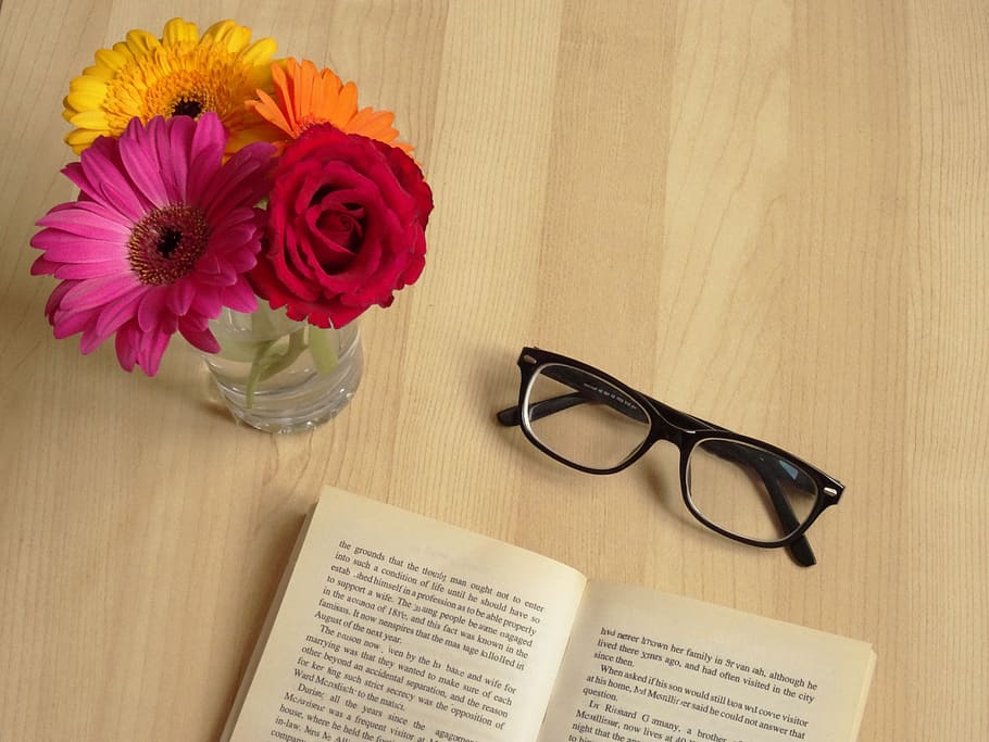 book, reading, glasses, gerbera, rose, flowers, reading book, read, knowledge, literature