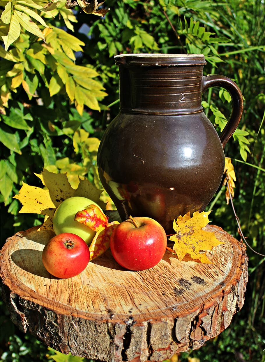 リンゴ, 秋, 静物, ビールジョッキ, 果物, ハーブ刺激, 自然, 健康, 葉, 収穫